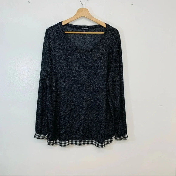 Lane  Bryant Womans Knit Top Long Sleeve 18/20 Gray Heathered Gingham  Trim Soft - Picture 1 of 10